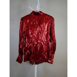 Lloyd Williams Red Metallic Blouse Size 4 High Collar Statement Top